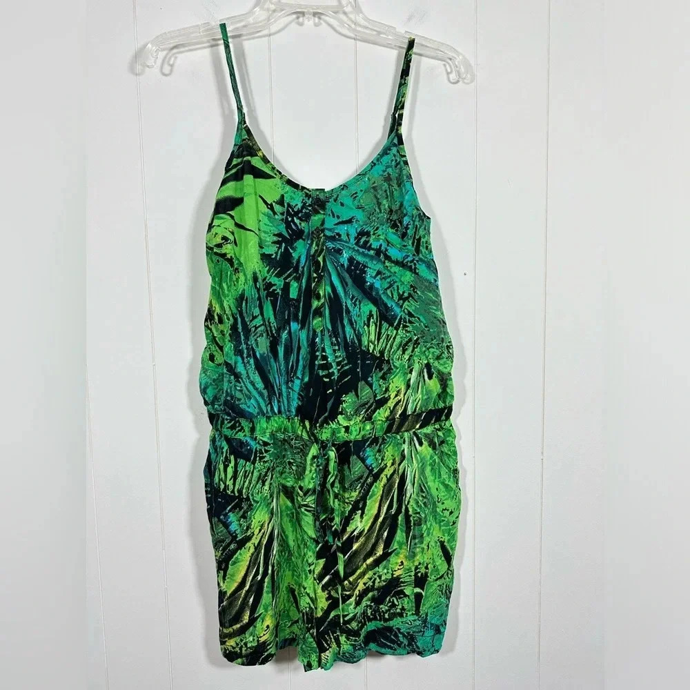 A.N.A. Jungle Amazon Green Romper Half Button Sz M Side Pockets